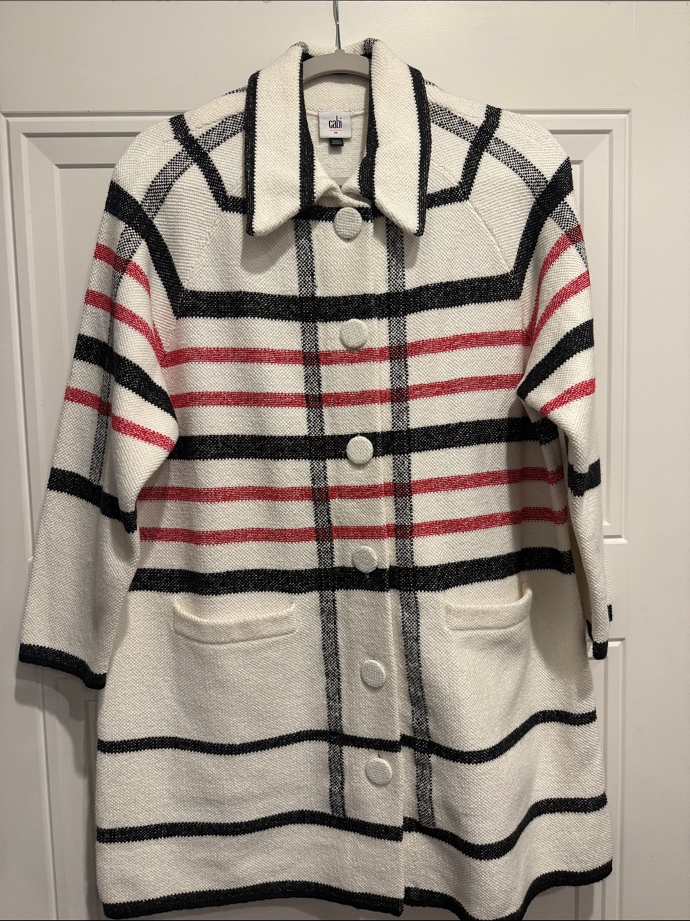CAbi Cream Coat with Black & Red Stripes